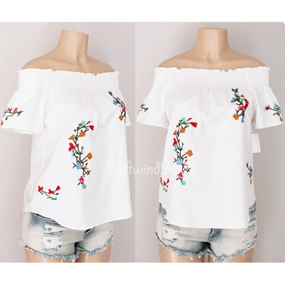 White Floral Embroidered Off Shoulder Cotton Top - Picture 2 of 8